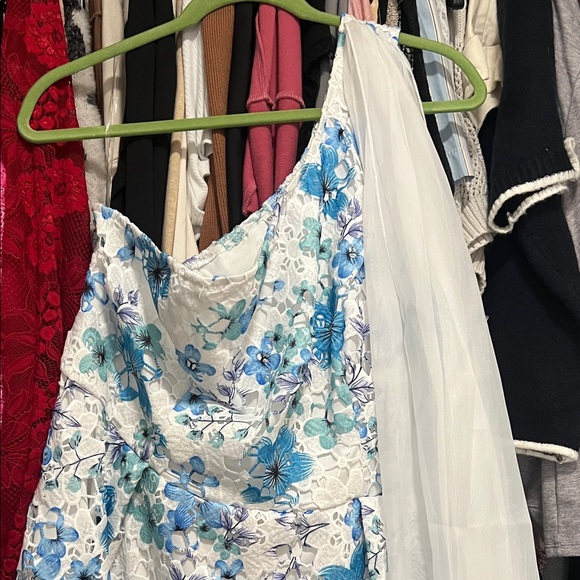 Floral Blue and White Dress with Veil - Picture 2 of 3